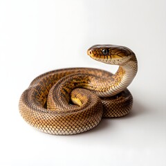 Naklejka premium A coiled snake with brown and tan scales rises its head, gazing ahead. The snake sits on a white surface with subtle lighting creating slight shadows.