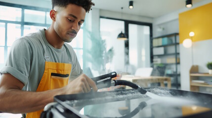 Young african male steam cleaning appliance in modern workshop