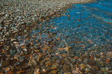 Rocks and corals in sea blue water. Landscape of Egypt on vacation
