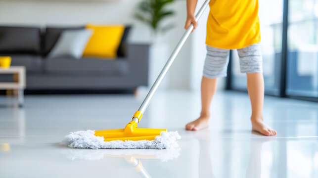Young caucasian boy cleaning floor with mop in modern living room