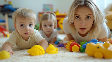 Fototapeta premium Caucasian mother and children playing with toys on carpet at home