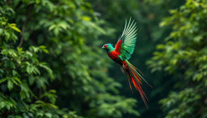 Naklejka premium Wildlife scene from tropical nature. bird in the forest in flight. Scarlet Macaw, Ara macao, in tropical forest, Costa Rica.