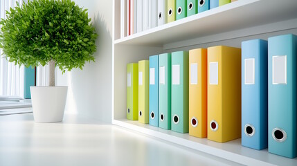 Obraz premium Colorful office binders on shelf with green potted plant in modern workspace