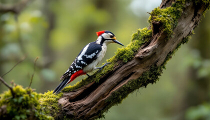 Fototapeta premium Great spotted woodpecker male on a very cold day with the first light of day in an oak forest