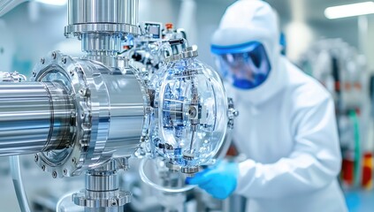 A researcher in protective gear is working on advanced robotics equipment designed for sustainable applications, promoting eco-tech solutions in an innovative lab environment