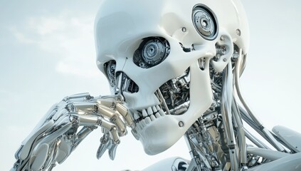 Fototapeta premium A humanoid robot with a sleek, metallic design contemplates advancements in AI transparency and eco-tech innovation while appearing thoughtful and engaged with its environment