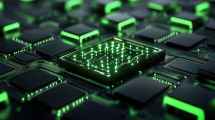High Tech Motherboard with Glowing Green Circuitry and Futuristic Design