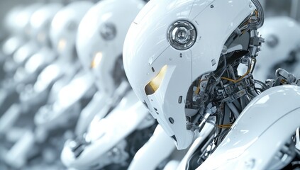 Fototapeta premium An assembly of sleek, white robots fitted with advanced technology emphasizes the integration of sustainable robotics and ethical AI in urban environments aimed at climate action