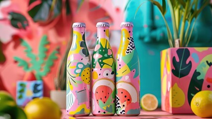 Vibrant Plastic Bottles Filled With Bright Beverages Showcase Playful Designs in a Lively Tropical Setting. Generative AI