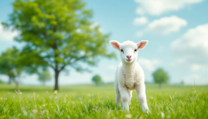 Fototapeta premium Lamb is standing between dandelions