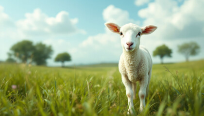 Obraz premium Lamb is standing between dandelions