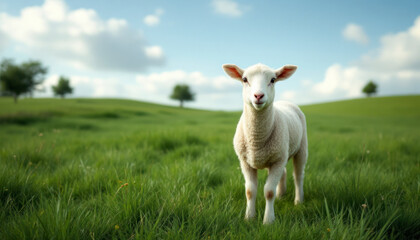 Fototapeta premium Lamb is standing between dandelions