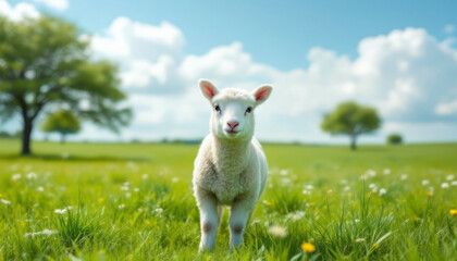 Obraz premium Lamb is standing between dandelions