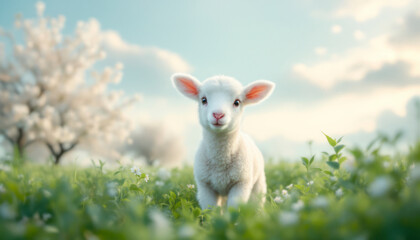 Fototapeta premium Lamb is standing between dandelions