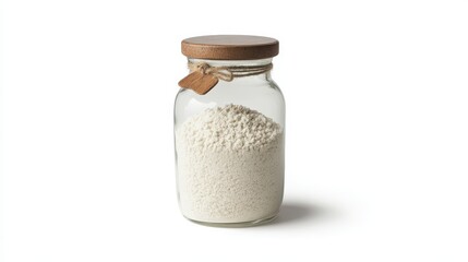 Isolated image of a glass jar filled with flour on a white background, perfect for promoting kitchen storage products.