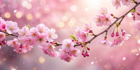 Pink Cherry Blossom Branch, Falling Petals, Soft Pink Background