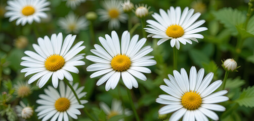 Fototapeta premium A cluster of daisies flourishes in a garden, their white petals spreading out around bright yellow centers. Sunlight illuminates the fresh greenery surrounding them in summer