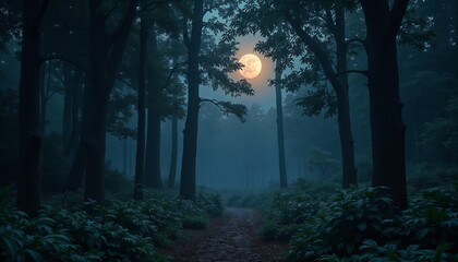 Fototapeta premium Moonlit forest pathway at night with mysterious atmosphere and tranquil scenery