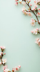 The cherry blossom branch in soft focus contrasts with the light mint background, providing ample space for text in this serene mock-up