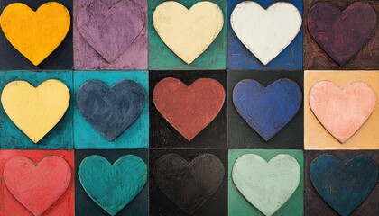 Obraz premium A whimsical display of sketchy, colorful hearts arranged in a structured yet artistic grid, exuding warmth and creativity