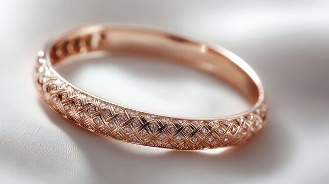 A single rose gold bracelet isolated on a clean white surface, ideal for luxury jewelry promotions.