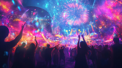 A vibrant carnival at night, with colorful lights, fireworks, and people dancing, in a lively and festive style, realistic photo