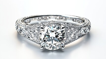Isolated image of a diamond ring on a clean white surface, perfect for engagement or luxury product marketing.