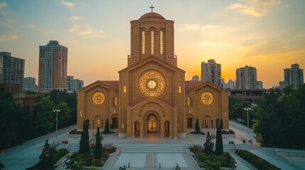 Sunset church city skyline aerial