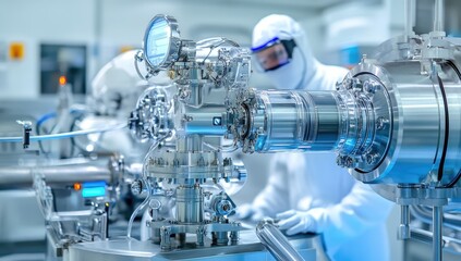 In a clean, advanced laboratory, robots designed for sustainable development operate with precision, emphasizing human-robot collaboration for innovative solutions to climate challenges