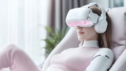 A person wearing advanced virtual reality goggles engages with sustainable robotic technology. The setting features modern, eco-friendly design elements, promoting ethical AI and climate action