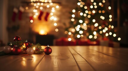 A background of decoration surrounds an empty table in front of a Christmas tree