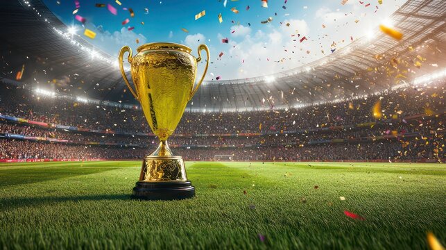 A vibrant scene featuring a golden trophy on a soccer field, with a stadium full of cheering fans and confetti falling from the sky, capturing the excitement of victory - Powered by Adobe