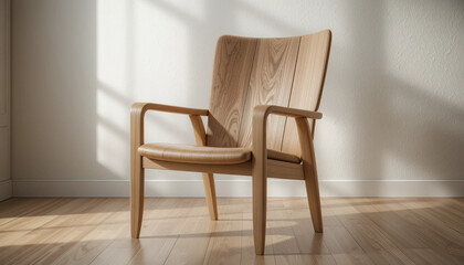A carefully crafted wooden chair sits in a bright room, showcasing its minimalist design and natural material. Sunlight filters through, highlighting the chair's curves