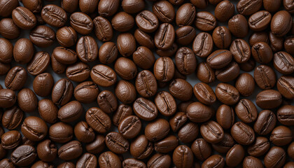 Close-up view of freshly roasted brown coffee beans covering a surface, highlighting their rich color, texture, and unique shapes. Perfect for coffee lovers and enthusiasts