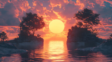 Serene Sunset Landscape with Vibrant Water Reflection, Colorful Clouds and Trees by the Island Horizon - Peaceful Evening Beauty in Nature's Tranquil Atmosphere and Scenic Coastal Adventure