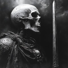 Ghostly Skeleton Warrior Holds Magnificent Sword in Shadowy Abyss