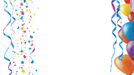 Marco festivo con globos coloridos, confeti y serpentinas en un fondo transparente, ideal para invitaciones y decoraciones de fiestas