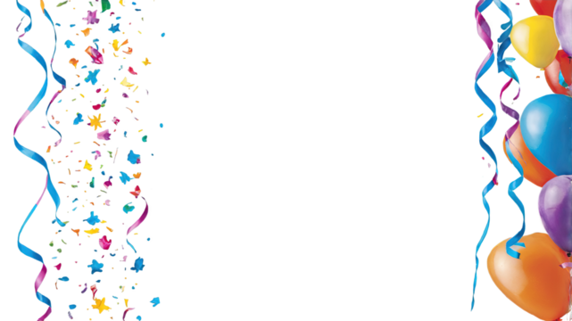Marco festivo con globos coloridos, confeti y serpentinas en un fondo transparente, ideal para invitaciones y decoraciones de fiestas