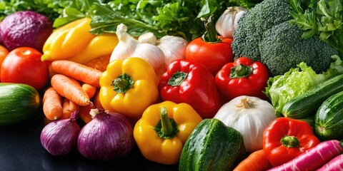 A variety of fresh and colorful vegetables, including bell peppers, carrots, tomatoes, broccoli, and squash. This salad represents a healthy and vibrant eating choice.