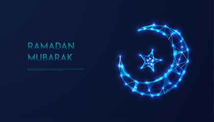 Digital Ramadan Mubarak Greeting Card with Glowing Crescent Moon and Star in Futuristic Low Poly Design on Dark Blue Background for Islamic Festivities