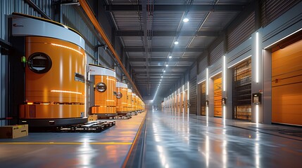 Fototapeta premium A logistics center with automated robotic arms sorting and moving boxes