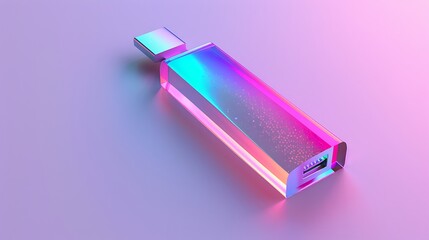 A brightly designed USB flash drive with a modern, futuristic look, placed flat on a smooth white surface.