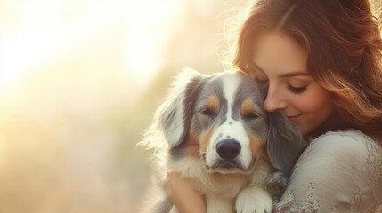 Young woman in beige sweater hugging Australian Shepherd in golden sunlight, serene moment