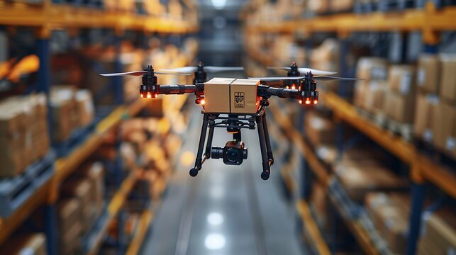 A delivery drone taking off with a package from a logistics center