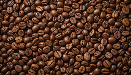 Fototapeta premium A close-up view displays an abundance of roasted coffee beans with shiny surfaces reflecting light. The rich brown color highlights their texture and allure