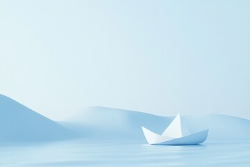 A paper boat sails on a calm blue sea