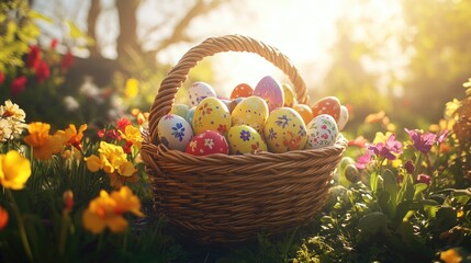 An assortment of brightly colored, patterned Easter eggs in a natural garden setting with vibrant flowers and sunshine.