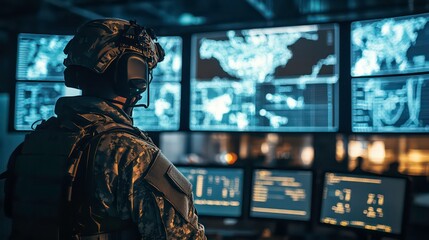 A military operator in tactical gear looks at a control room with multiple screens. Command center and strategy concept