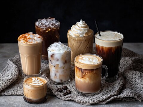 A variety of beverages served at a cafe, including different types of coffee and espresso drinks with various toppings.