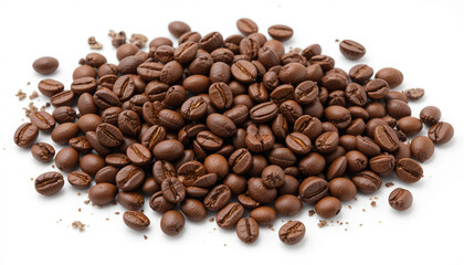 A collection of roasted coffee beans scattered on a clean, white surface reveals their deep brown color and natural sheen. This display highlights the rich flavor and aroma of coffee